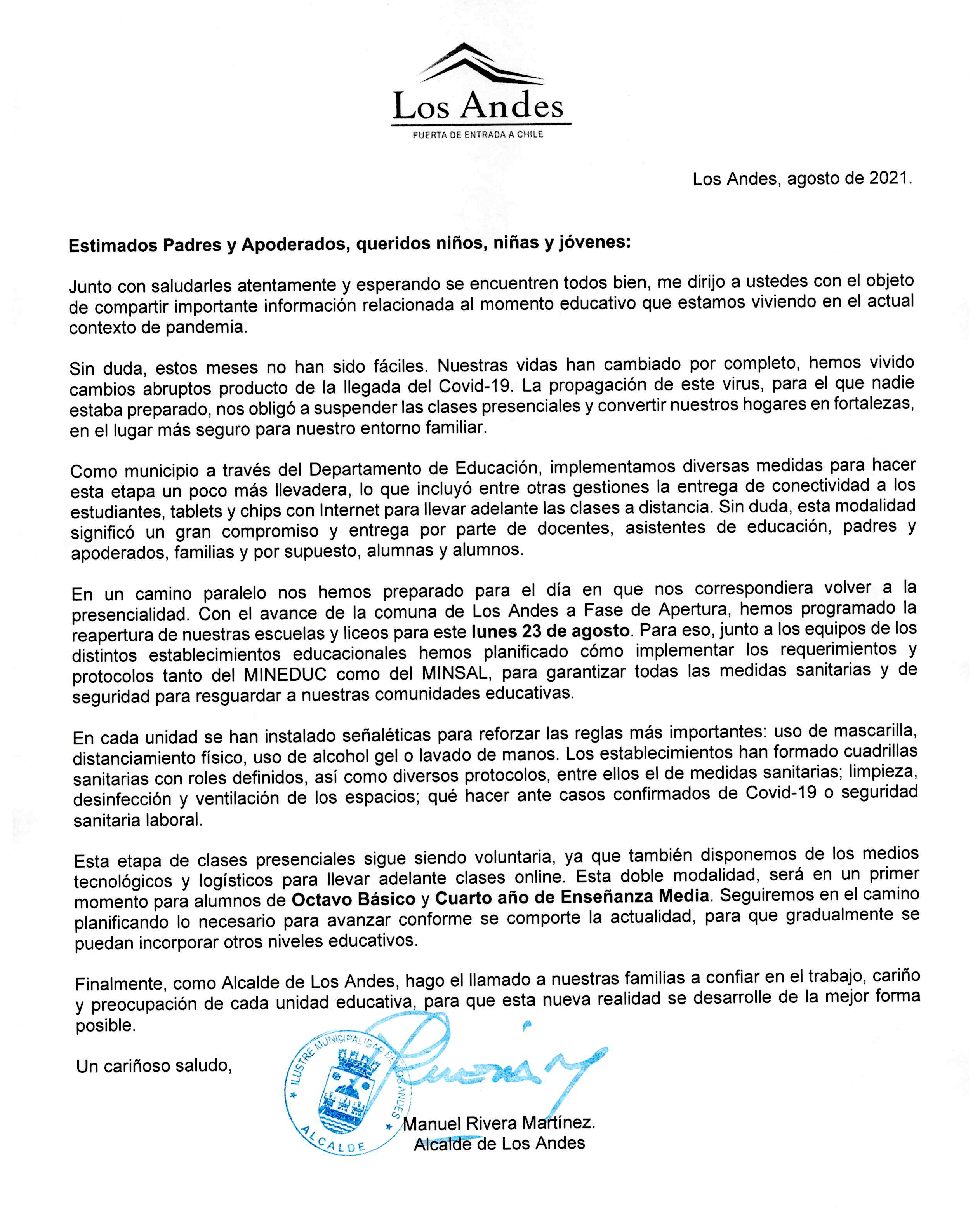 Carta del Señor Alcalde Don Manuel Rivera a nuestra comunidad educativa